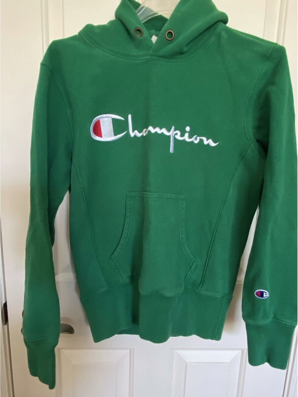 Vintage 70s Champion Reverse Weave Warm Up Hoodie Embroidered Size S Red LBL USA